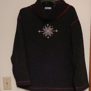 Marsh Landing Petite Womens Black Sweater With Embroidered Snowflake SZ L